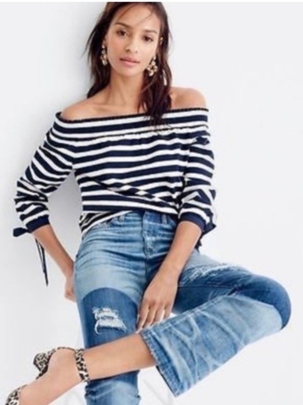J. Crew Navy and White Striped Off-Shoulder Top With Tie Sleeve Detail